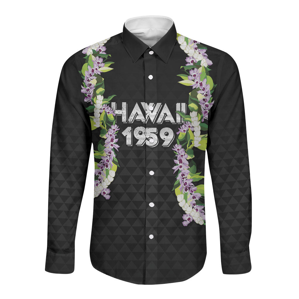 Hawaii Statehood Day Long Sleeve Button Shirt Kakau Pattern With Maile Pikake Honohono Lei LT05 Unisex Black - Polynesian Pride