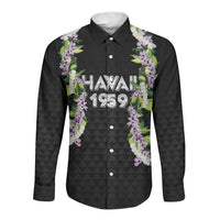 Hawaii Statehood Day Long Sleeve Button Shirt Kakau Pattern With Maile Pikake Honohono Lei LT05 Unisex Black - Polynesian Pride