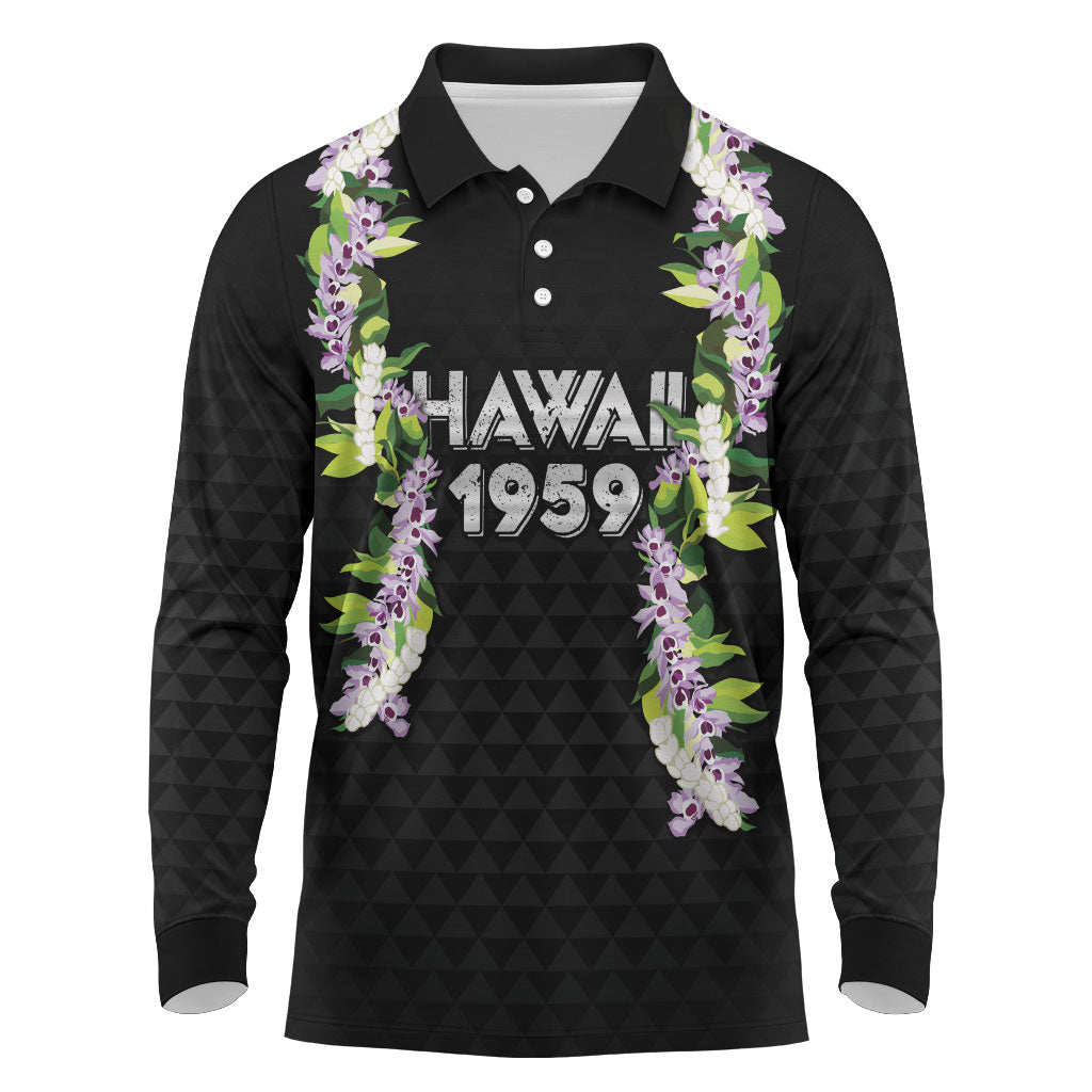Hawaii Statehood Day Long Sleeve Polo Shirt Kakau Pattern With Maile Pikake Honohono Lei LT05 Black - Polynesian Pride