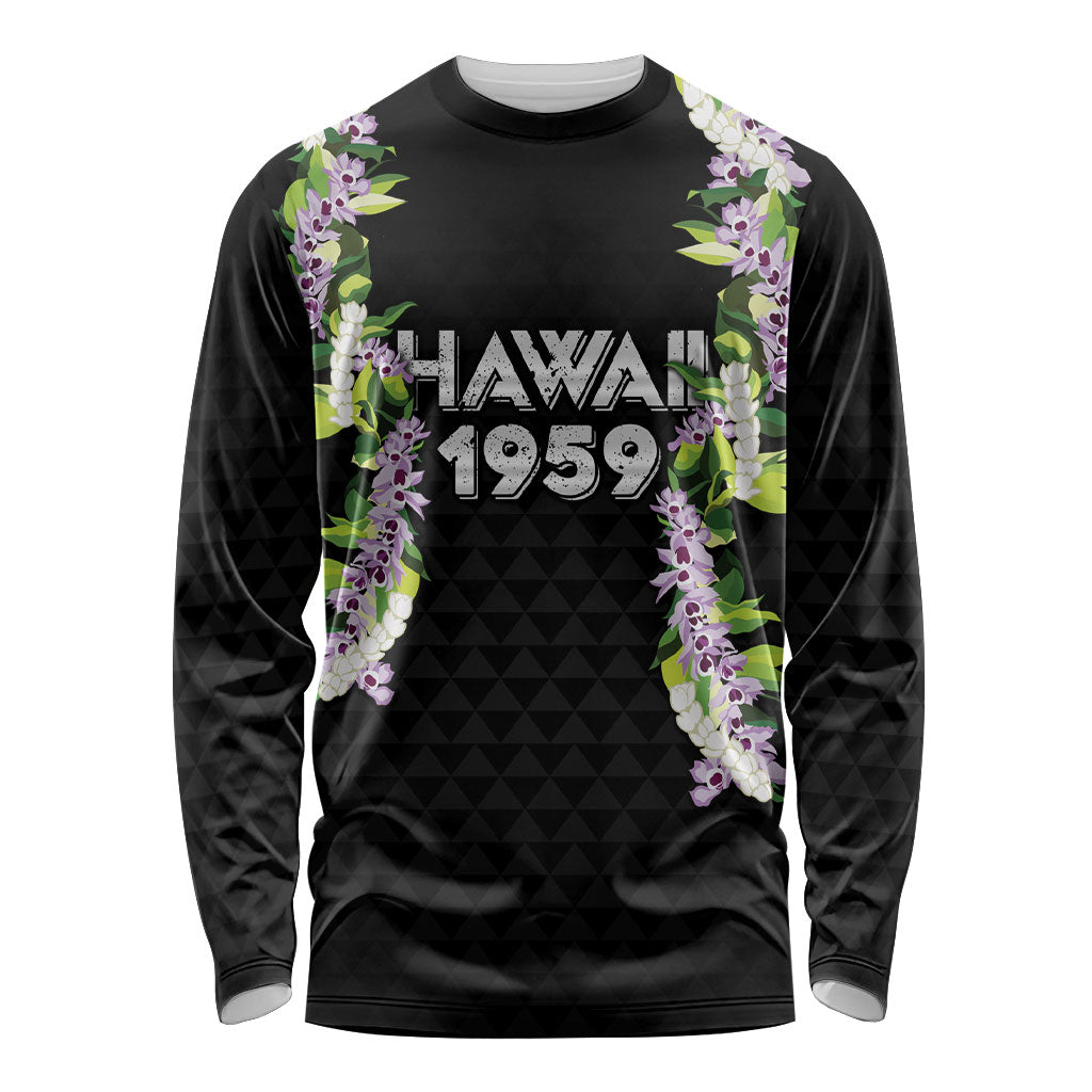 Hawaii Statehood Day Long Sleeve Shirt Kakau Pattern With Maile Pikake Honohono Lei LT05 Unisex Black - Polynesian Pride