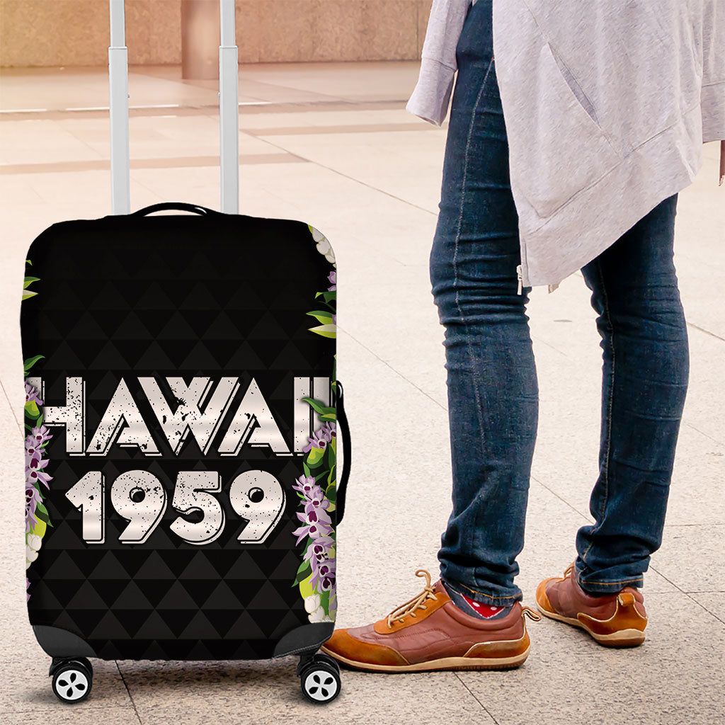 Hawaii Statehood Day Luggage Cover Kakau Pattern With Maile Pikake Honohono Lei LT05 Black - Polynesian Pride