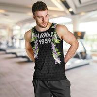 Hawaii Statehood Day Men Tank Top Kakau Pattern With Maile Pikake Honohono Lei LT05 Black - Polynesian Pride