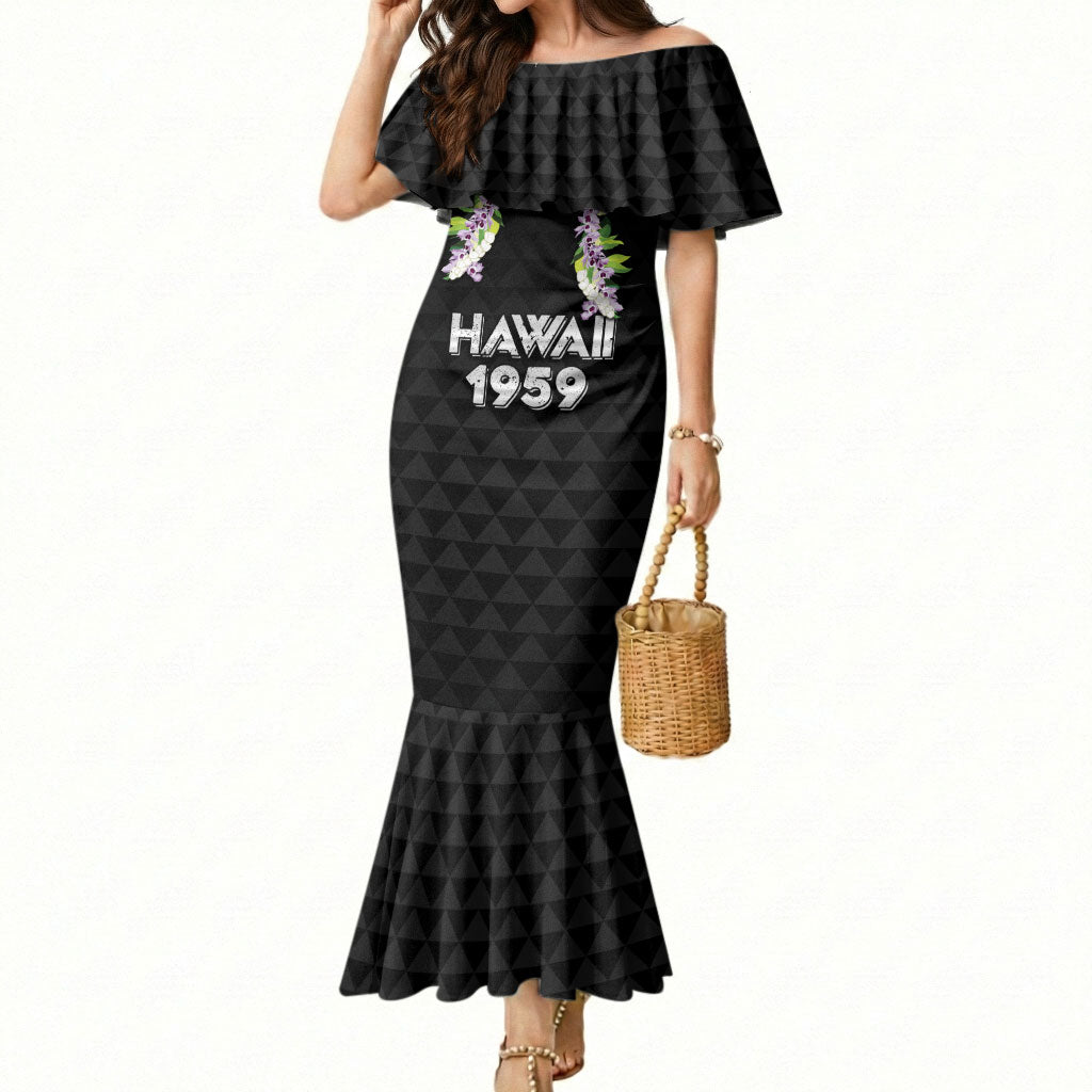 Hawaii Statehood Day Mermaid Dress Kakau Pattern With Maile Pikake Honohono Lei LT05 Women Black - Polynesian Pride