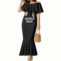 Hawaii Statehood Day Mermaid Dress Kakau Pattern With Maile Pikake Honohono Lei LT05 Women Black - Polynesian Pride