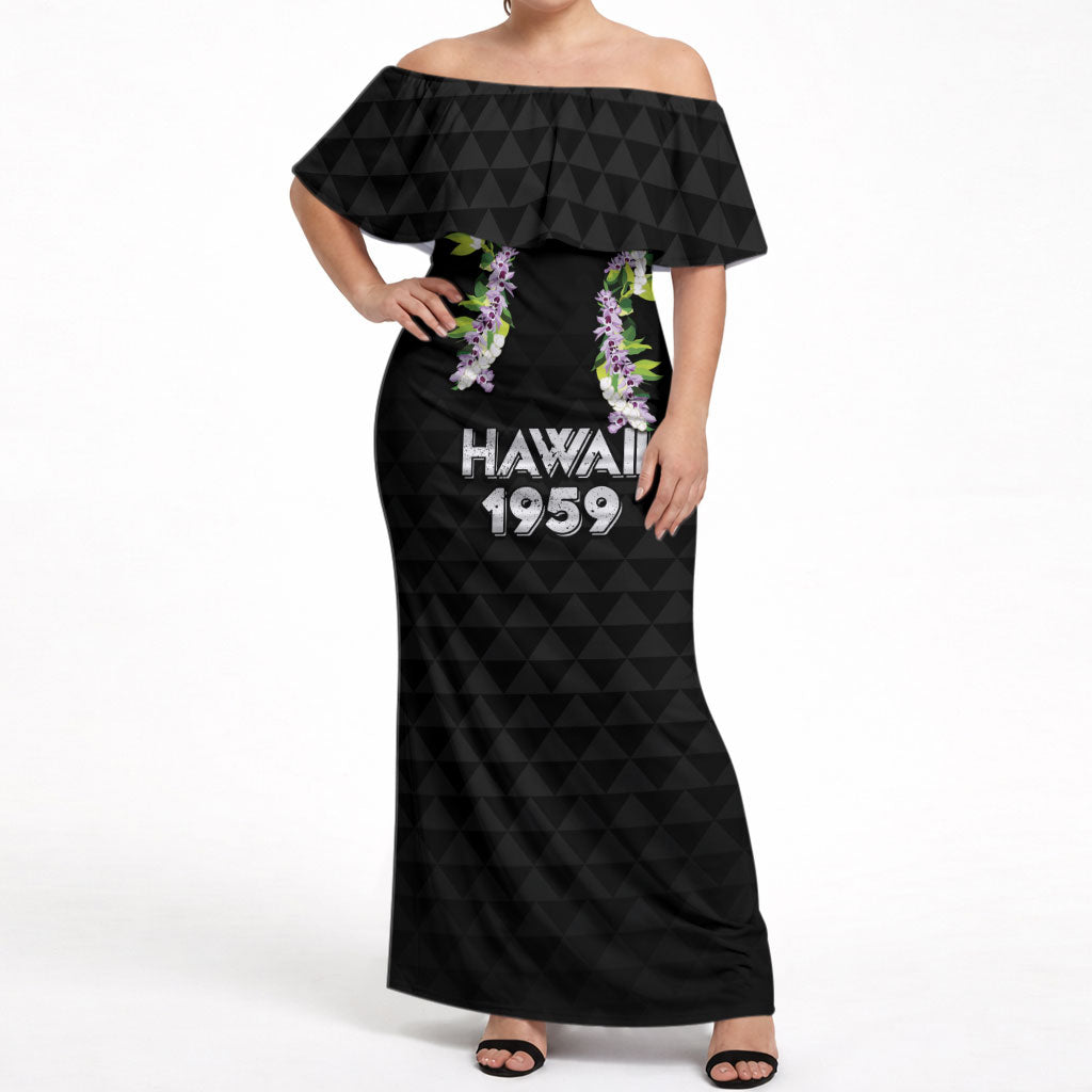 Hawaii Statehood Day Off Shoulder Maxi Dress Kakau Pattern With Maile Pikake Honohono Lei LT05 Women Black - Polynesian Pride