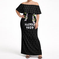 Hawaii Statehood Day Off Shoulder Maxi Dress Kakau Pattern With Maile Pikake Honohono Lei LT05 Women Black - Polynesian Pride