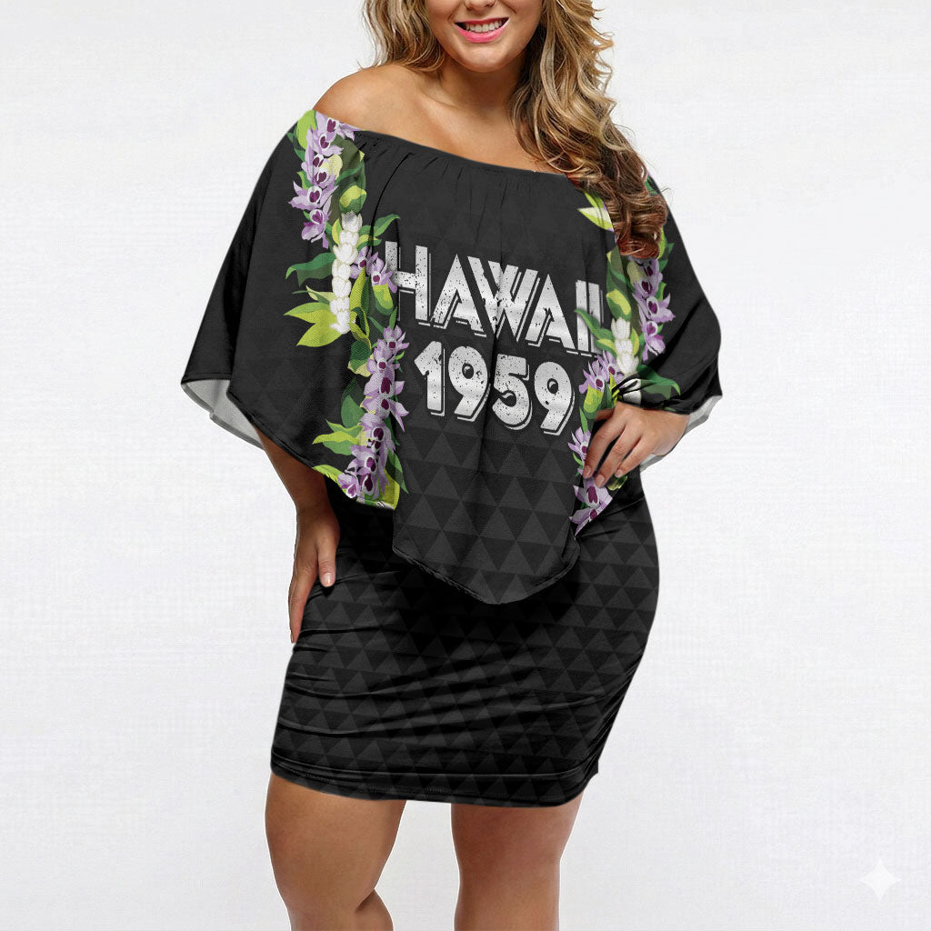 Hawaii Statehood Day Off Shoulder Short Dress Kakau Pattern With Maile Pikake Honohono Lei LT05 Women Black - Polynesian Pride