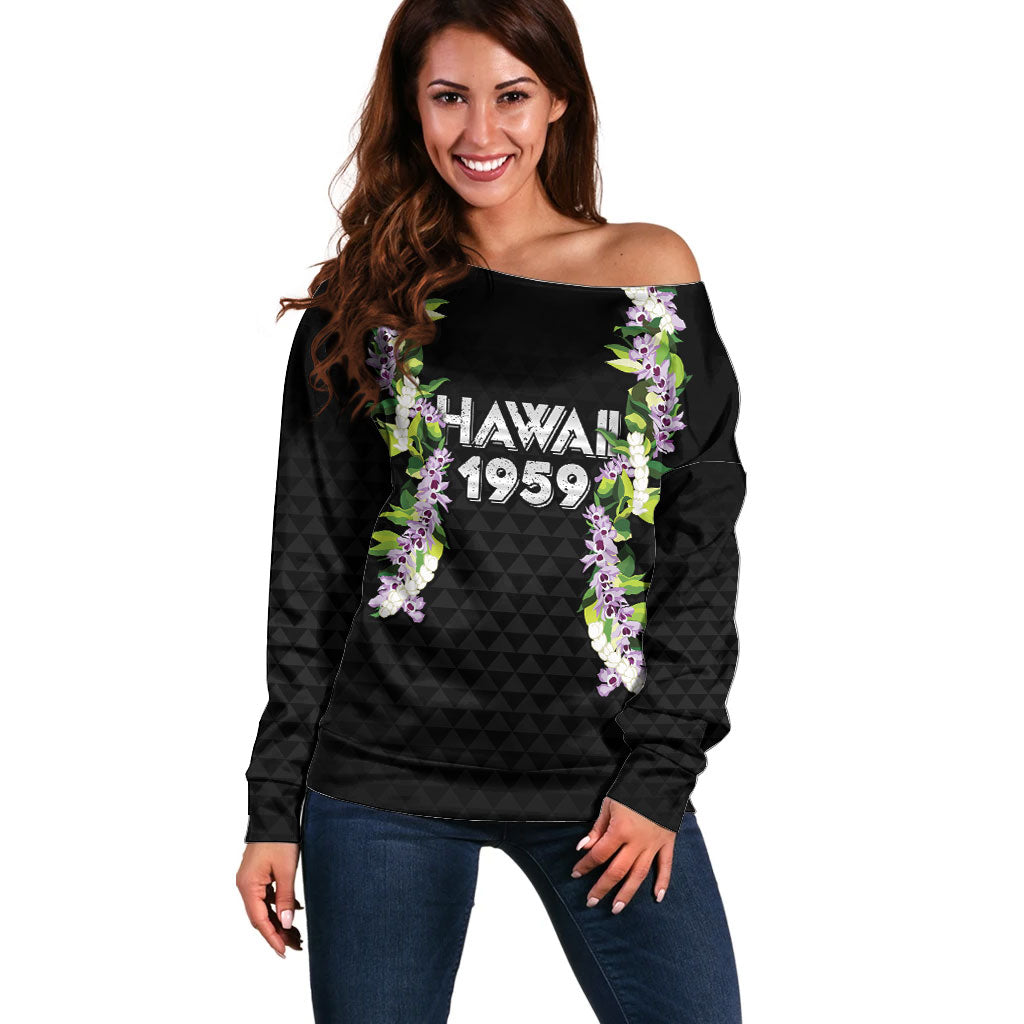 Hawaii Statehood Day Off Shoulder Sweater Kakau Pattern With Maile Pikake Honohono Lei LT05 Women Black - Polynesian Pride