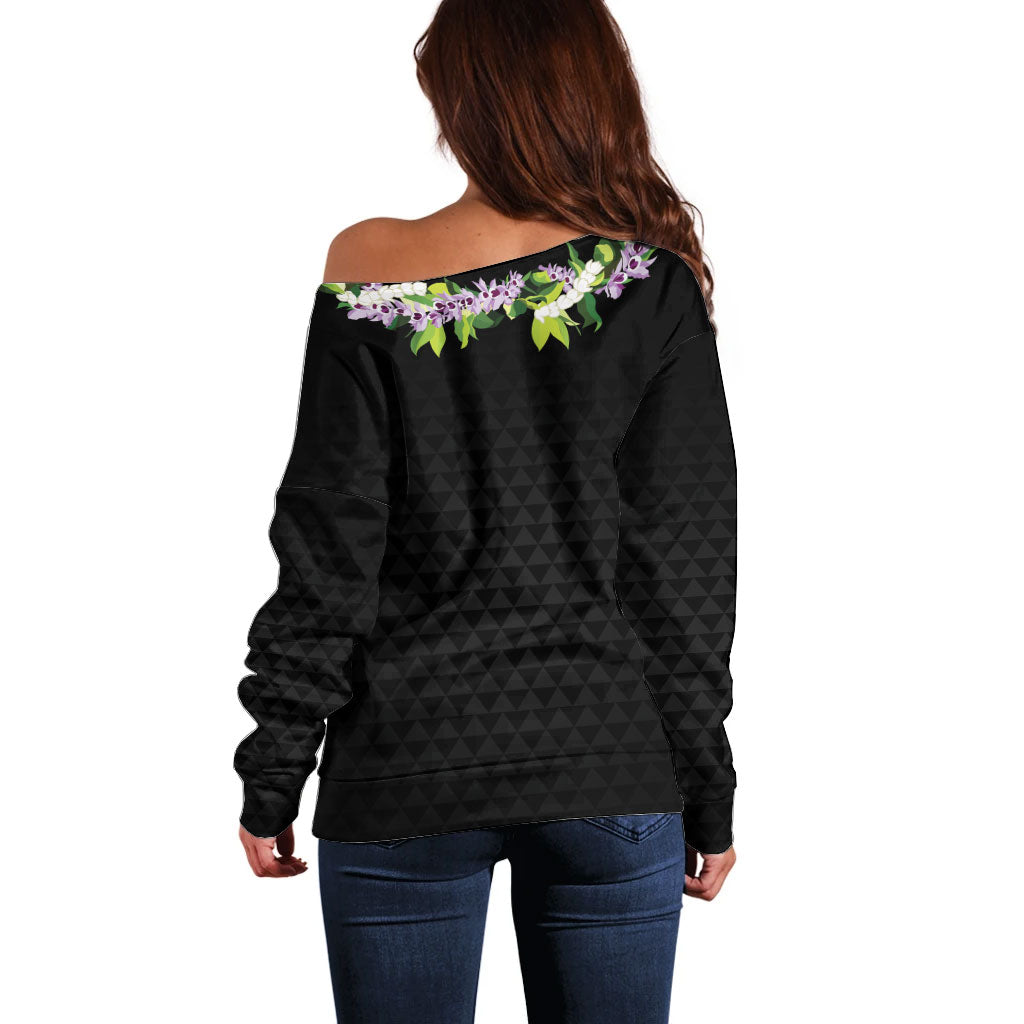 Hawaii Statehood Day Off Shoulder Sweater Kakau Pattern With Maile Pikake Honohono Lei LT05 - Polynesian Pride