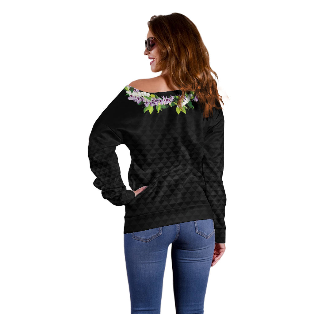 Hawaii Statehood Day Off Shoulder Sweater Kakau Pattern With Maile Pikake Honohono Lei LT05 - Polynesian Pride