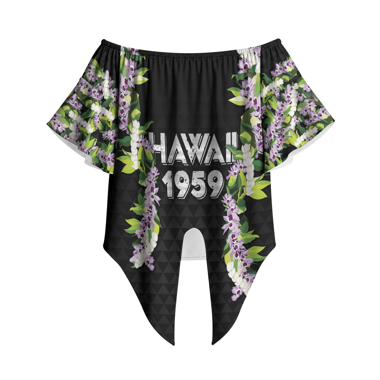 Hawaii Statehood Day Off Shoulder Wrap Waist Top Kakau Pattern With Maile Pikake Honohono Lei LT05 Black - Polynesian Pride