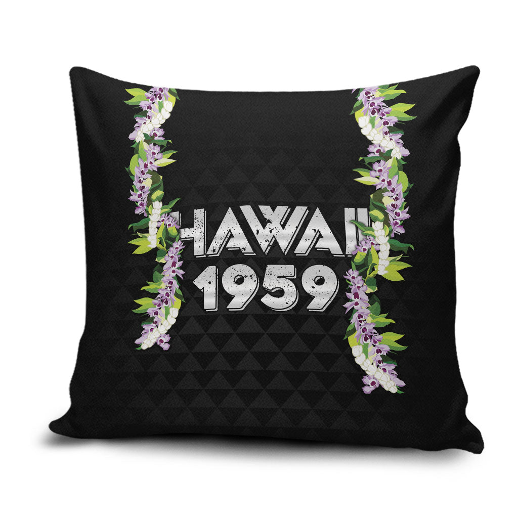 Hawaii Statehood Day Pillow Cover Kakau Pattern With Maile Pikake Honohono Lei LT05 Black - Polynesian Pride