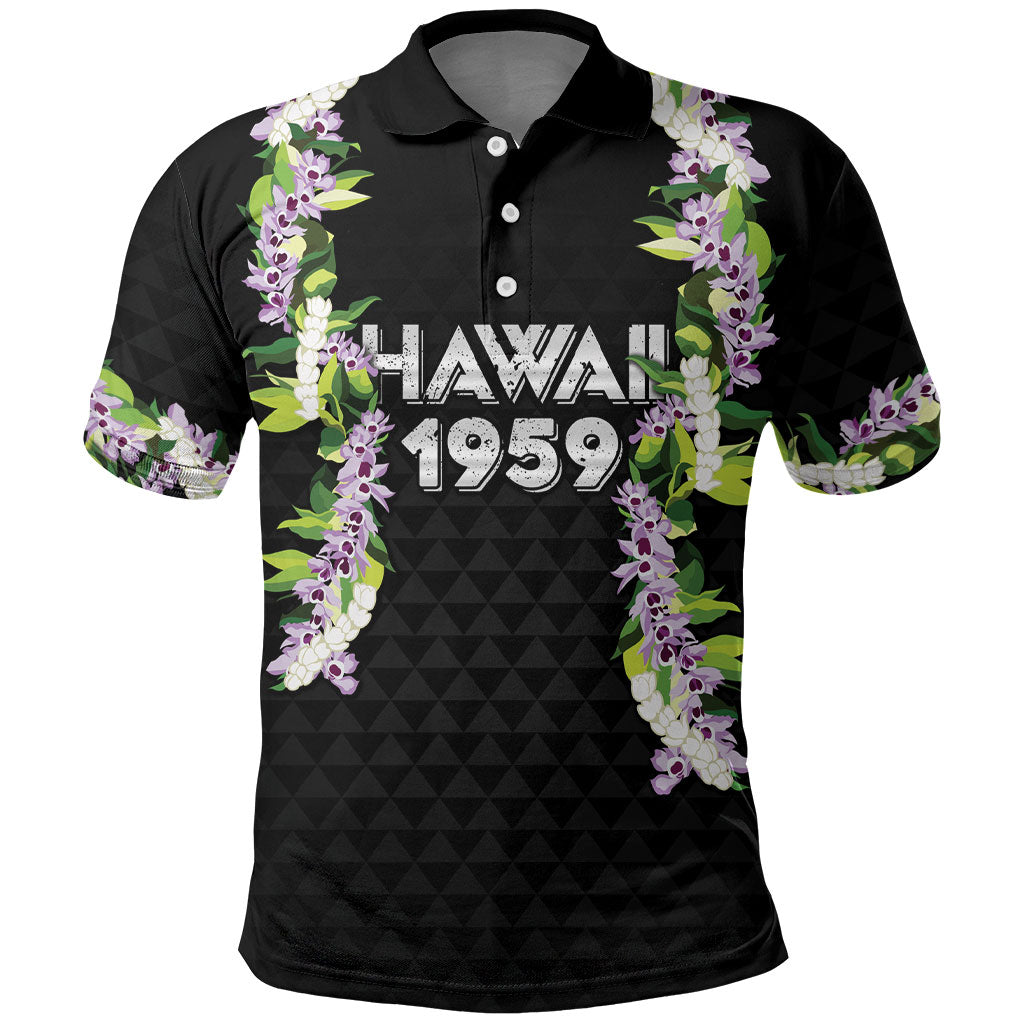 Hawaii Statehood Day Polo Shirt Kakau Pattern With Maile Pikake Honohono Lei LT05 Black - Polynesian Pride