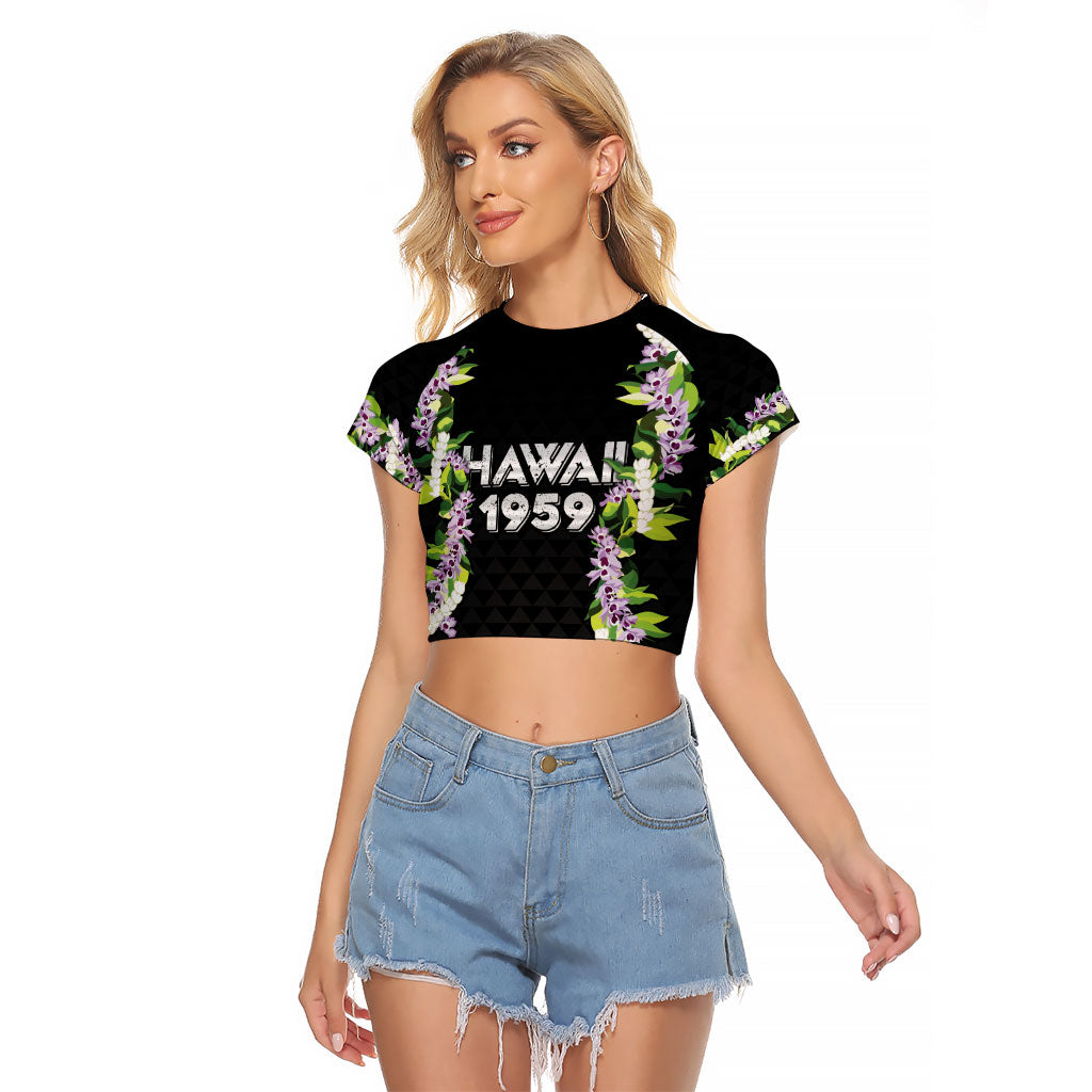 Hawaii Statehood Day Raglan Cropped T Shirt Kakau Pattern With Maile Pikake Honohono Lei LT05 Female Black - Polynesian Pride
