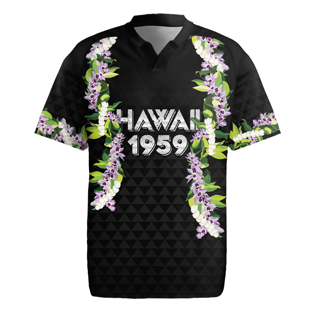 Hawaii Statehood Day Rugby Jersey Kakau Pattern With Maile Pikake Honohono Lei LT05 Black - Polynesian Pride