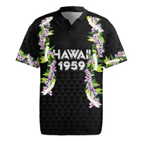 Hawaii Statehood Day Rugby Jersey Kakau Pattern With Maile Pikake Honohono Lei LT05 Black - Polynesian Pride