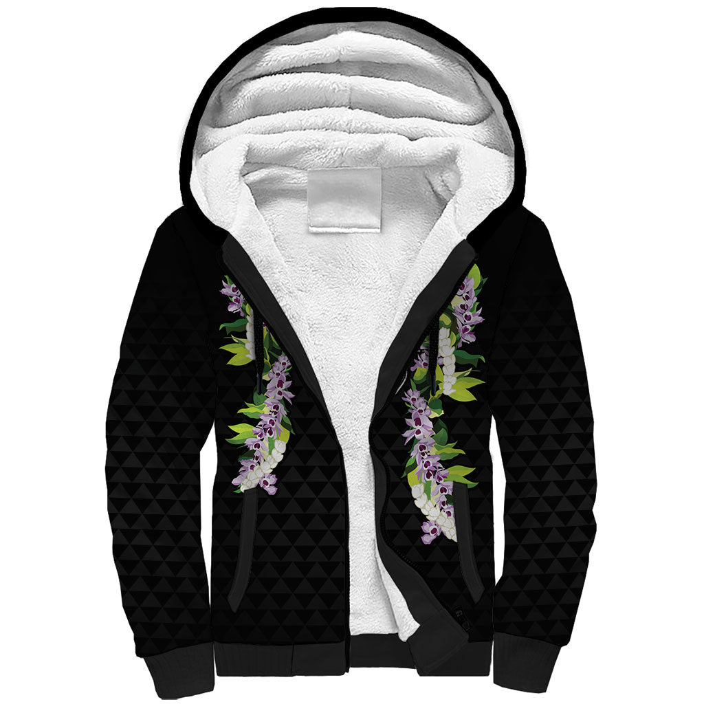 Hawaii Statehood Day Sherpa Hoodie Kakau Pattern With Maile Pikake Honohono Lei LT05 Unisex Black - Polynesian Pride