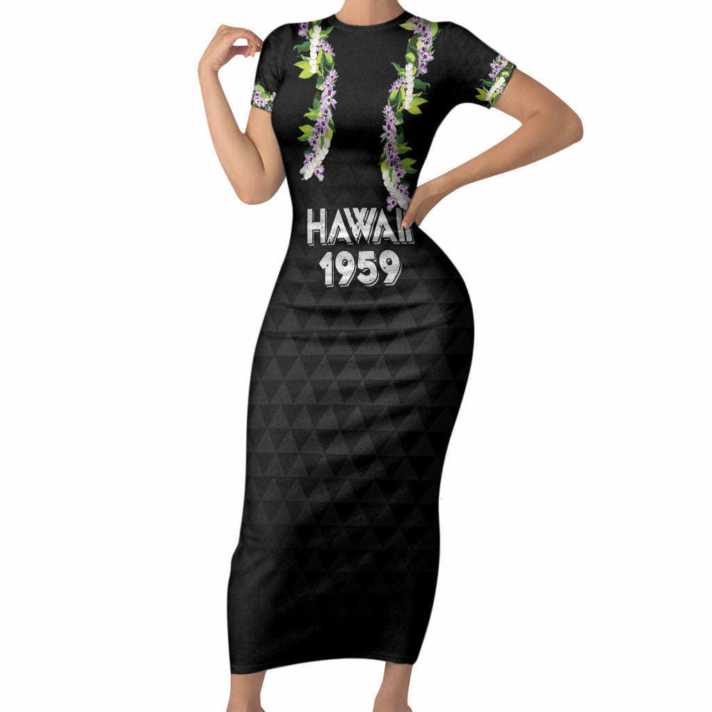 Hawaii Statehood Day Short Sleeve Bodycon Dress Kakau Pattern With Maile Pikake Honohono Lei LT05 Long Dress Black - Polynesian Pride