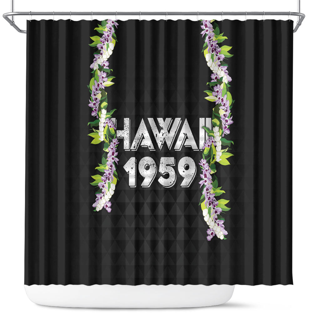 Hawaii Statehood Day Shower Curtain Kakau Pattern With Maile Pikake Honohono Lei LT05 Black - Polynesian Pride