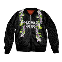 Hawaii Statehood Day Sleeve Zip Bomber Jacket Kakau Pattern With Maile Pikake Honohono Lei LT05 Unisex Black - Polynesian Pride