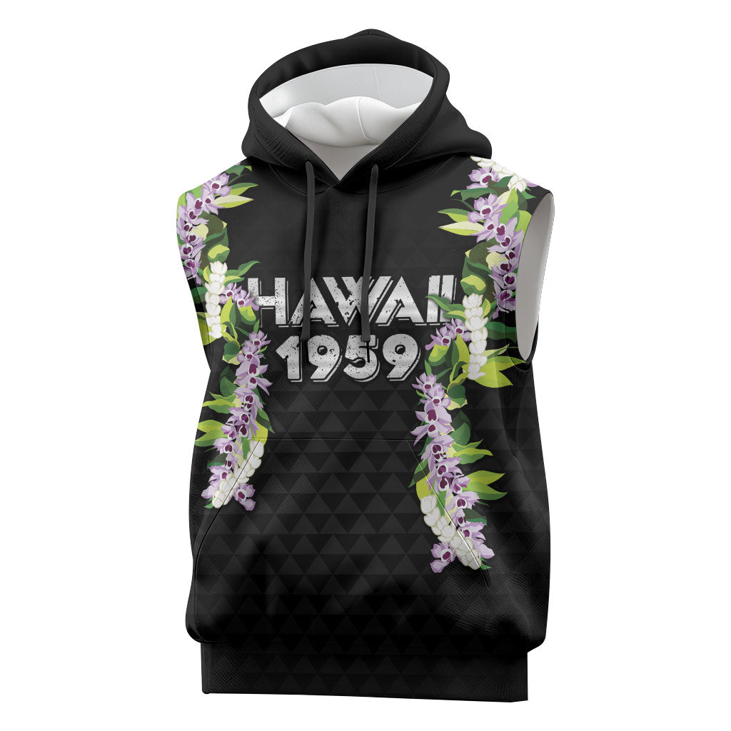 Hawaii Statehood Day Sleeveless Hoodie Kakau Pattern With Maile Pikake Honohono Lei LT05 Black - Polynesian Pride