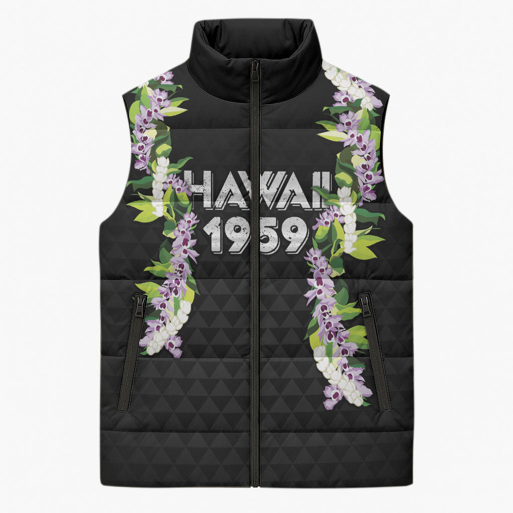 Hawaii Statehood Day Sleeveless Puffer Jacket Kakau Pattern With Maile Pikake Honohono Lei LT05 Unisex Black - Polynesian Pride