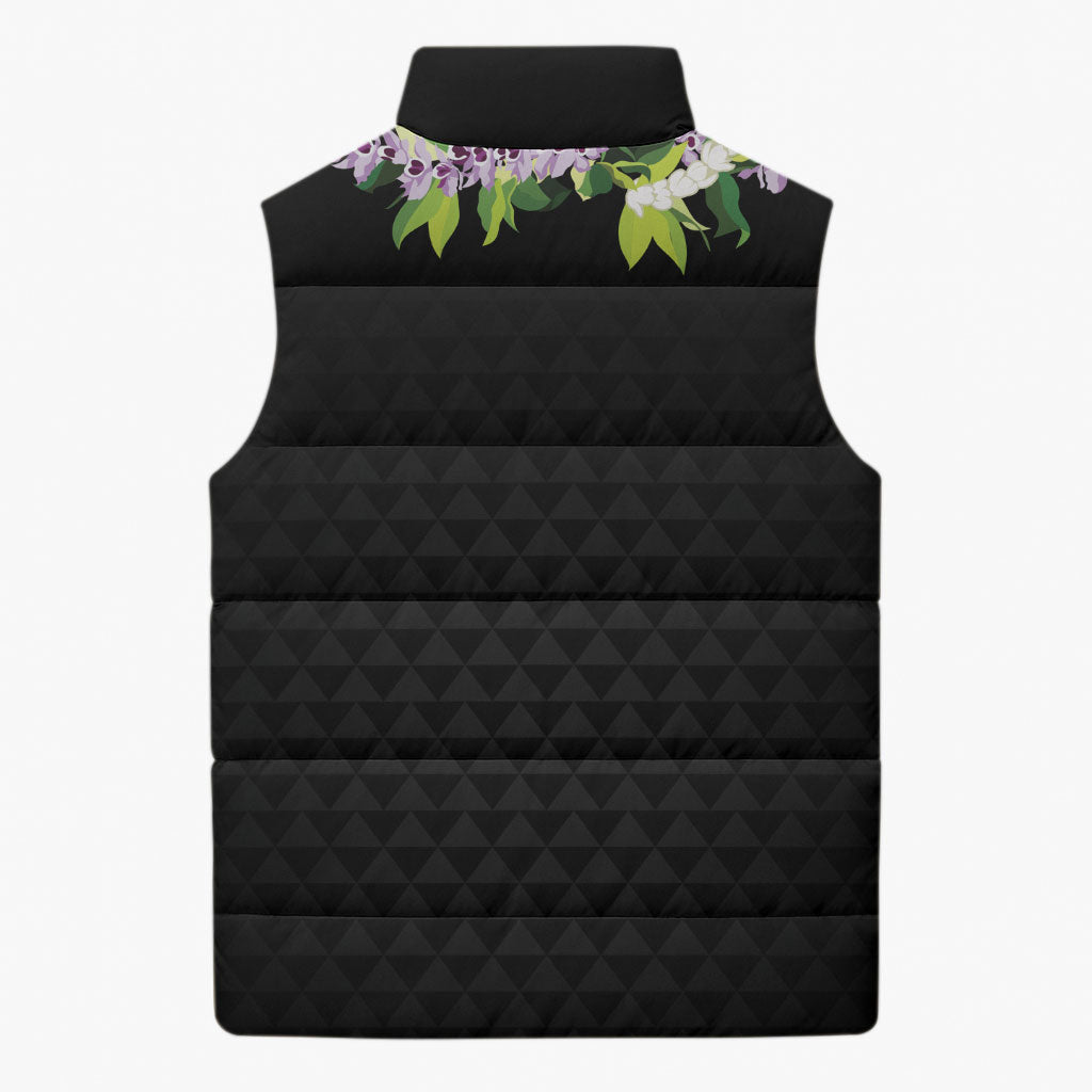 Hawaii Statehood Day Sleeveless Puffer Jacket Kakau Pattern With Maile Pikake Honohono Lei LT05 - Polynesian Pride