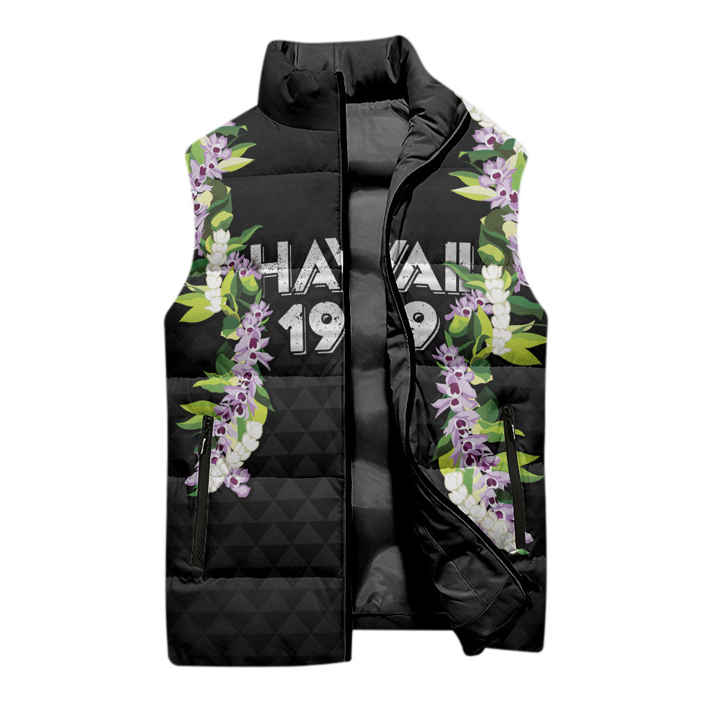 Hawaii Statehood Day Sleeveless Puffer Jacket Kakau Pattern With Maile Pikake Honohono Lei LT05 - Polynesian Pride