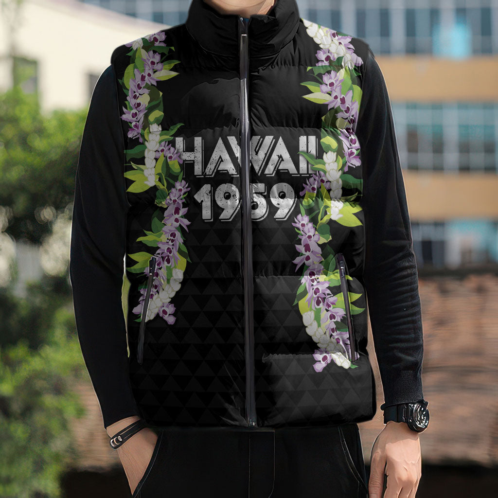 Hawaii Statehood Day Sleeveless Puffer Jacket Kakau Pattern With Maile Pikake Honohono Lei LT05 - Polynesian Pride