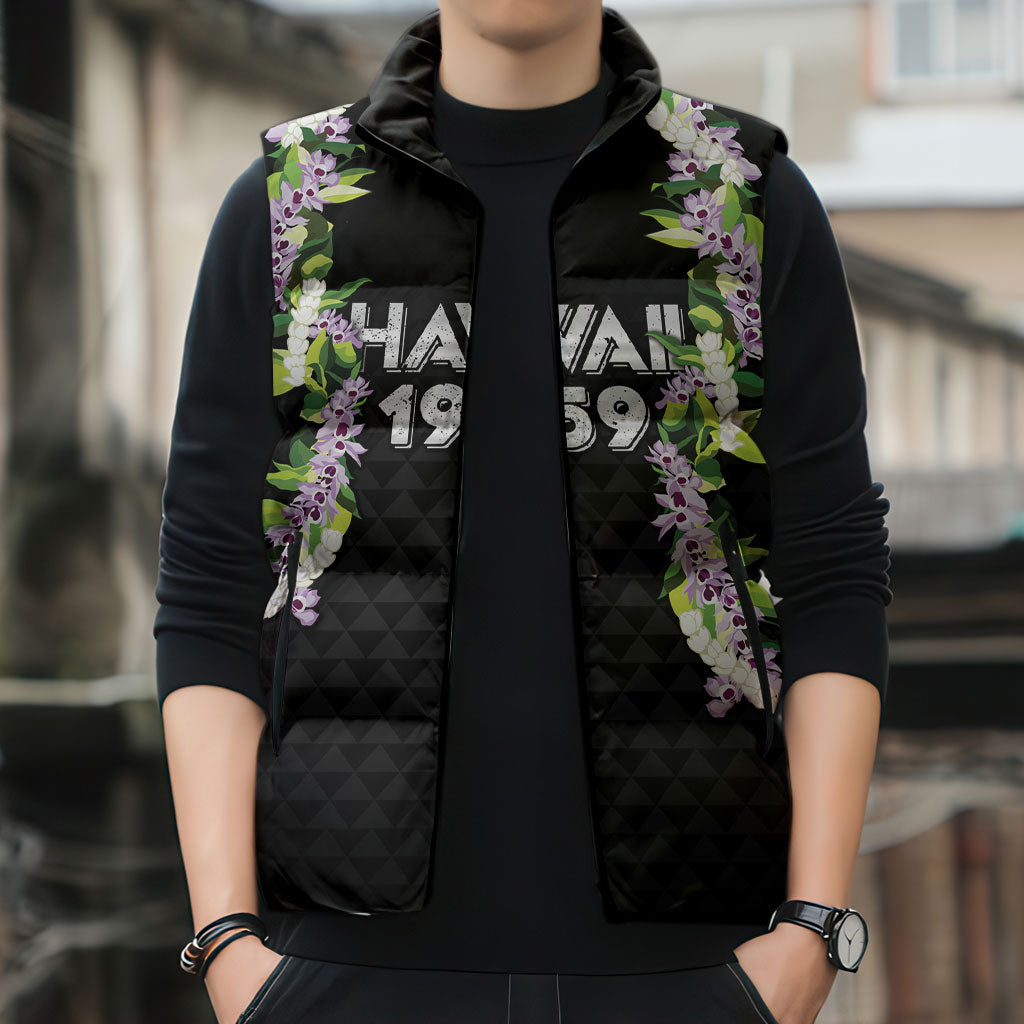 Hawaii Statehood Day Sleeveless Puffer Jacket Kakau Pattern With Maile Pikake Honohono Lei LT05 - Polynesian Pride