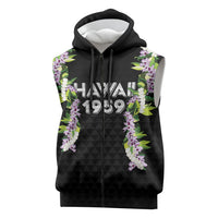Hawaii Statehood Day Sleeveless Zip Hoodie Kakau Pattern With Maile Pikake Honohono Lei LT05 Black - Polynesian Pride