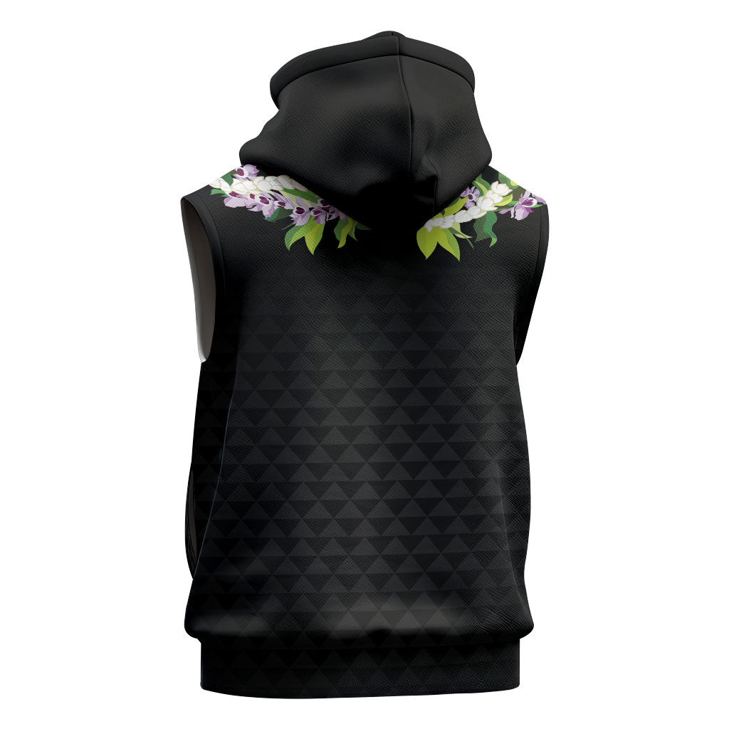 Hawaii Statehood Day Sleeveless Zip Hoodie Kakau Pattern With Maile Pikake Honohono Lei LT05 - Polynesian Pride