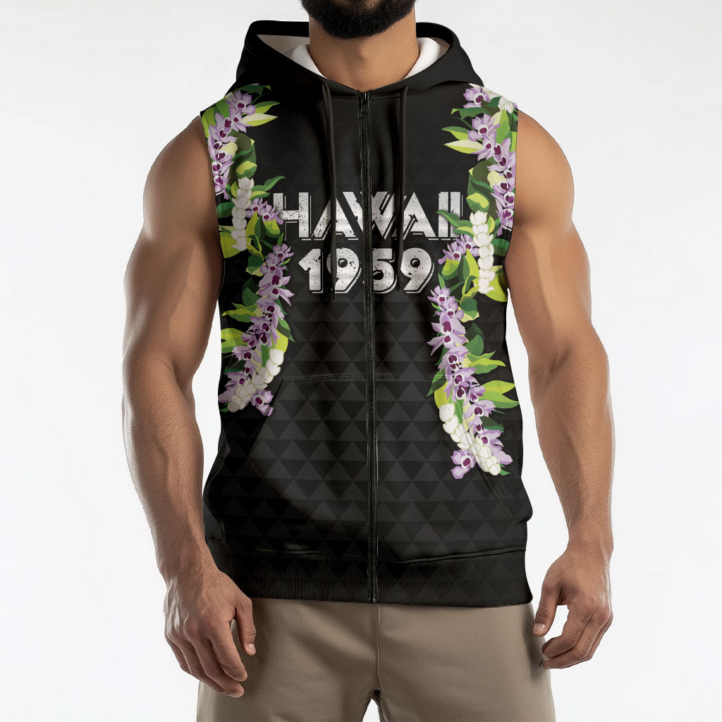 Hawaii Statehood Day Sleeveless Zip Hoodie Kakau Pattern With Maile Pikake Honohono Lei LT05 - Polynesian Pride