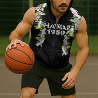 Hawaii Statehood Day Sleeveless Zip Hoodie Kakau Pattern With Maile Pikake Honohono Lei LT05 - Polynesian Pride