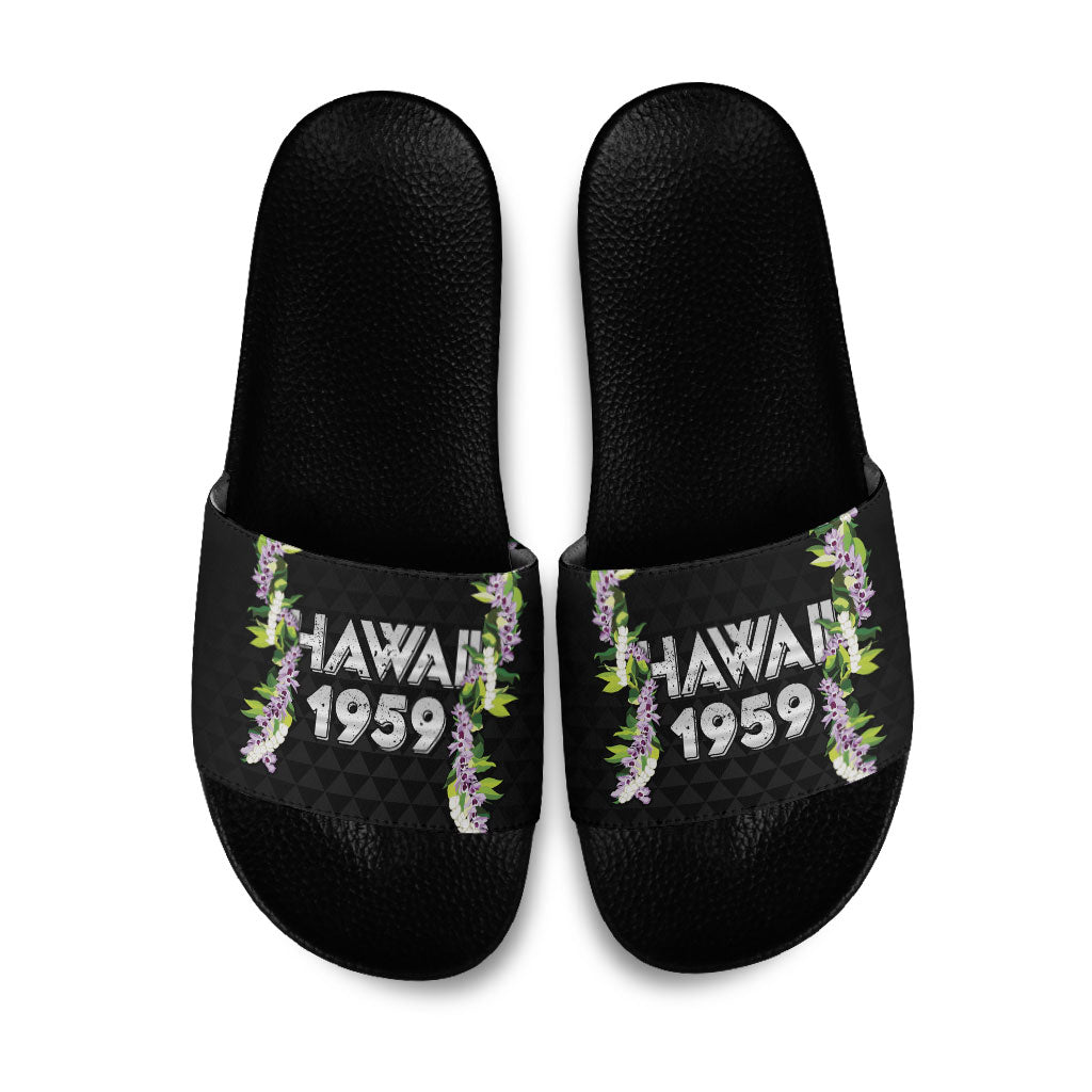 Hawaii Statehood Day Slide Sandals Kakau Pattern With Maile Pikake Honohono Lei LT05 Black - Polynesian Pride