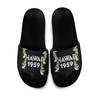 Hawaii Statehood Day Slide Sandals Kakau Pattern With Maile Pikake Honohono Lei LT05 Black - Polynesian Pride