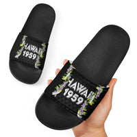 Hawaii Statehood Day Slide Sandals Kakau Pattern With Maile Pikake Honohono Lei LT05 - Polynesian Pride