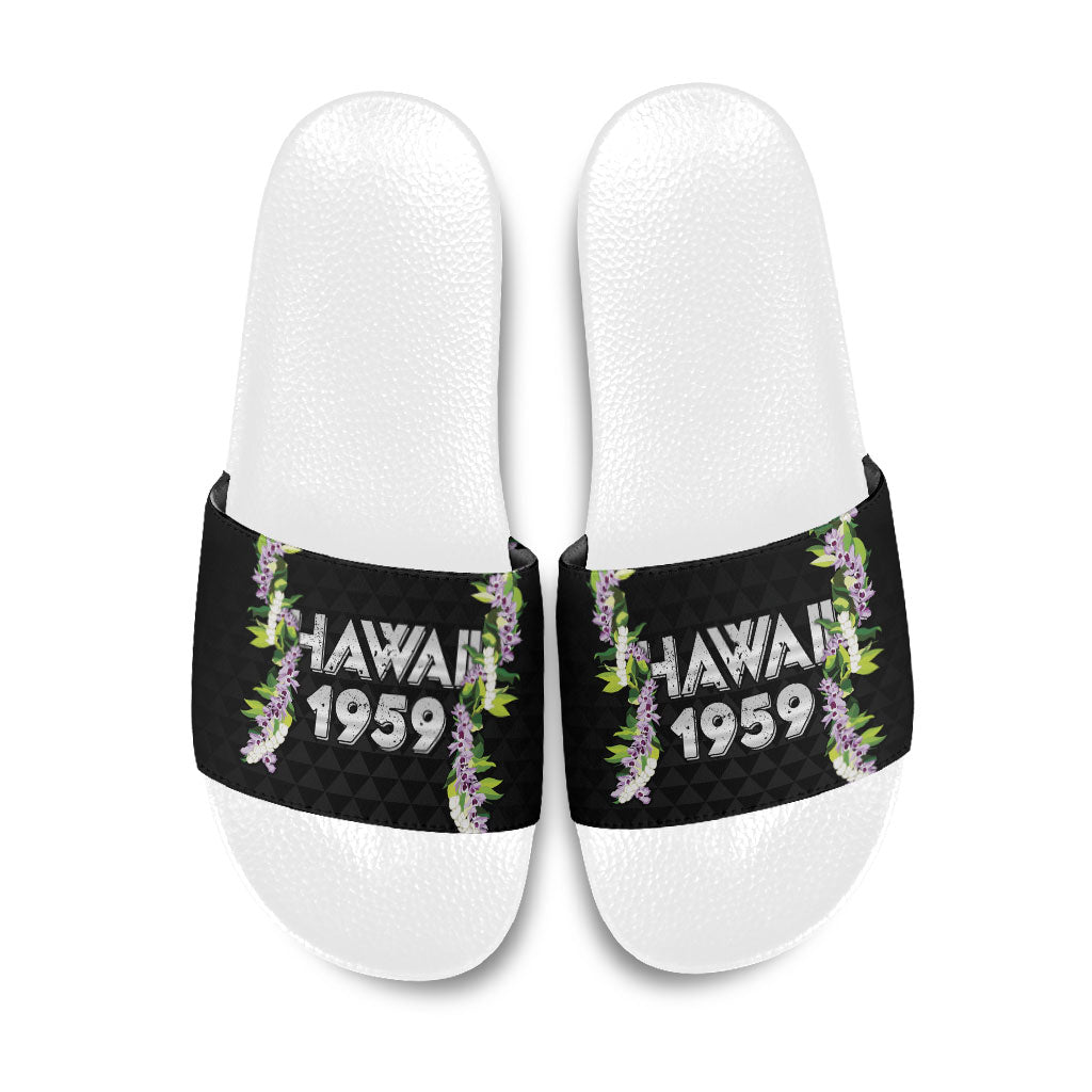 Hawaii Statehood Day Slide Sandals Kakau Pattern With Maile Pikake Honohono Lei LT05 Black - Polynesian Pride