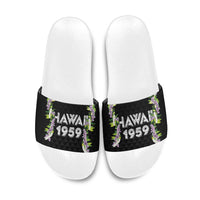 Hawaii Statehood Day Slide Sandals Kakau Pattern With Maile Pikake Honohono Lei LT05 Black - Polynesian Pride