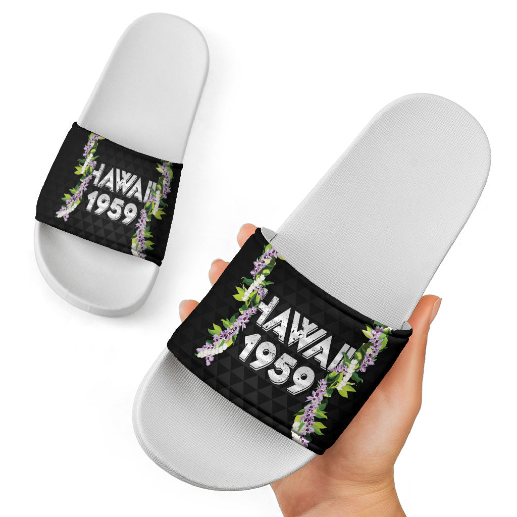 Hawaii Statehood Day Slide Sandals Kakau Pattern With Maile Pikake Honohono Lei LT05 - Polynesian Pride