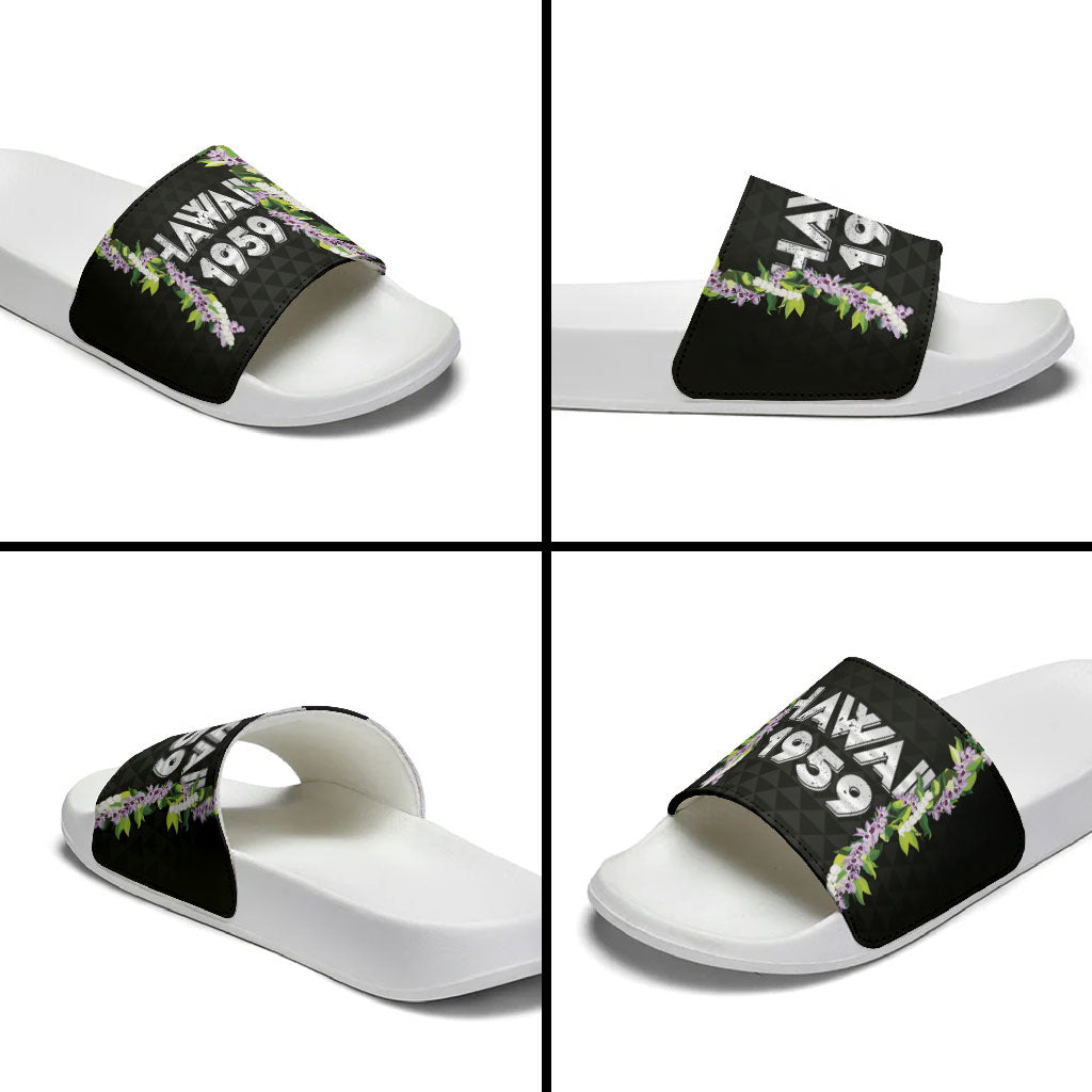 Hawaii Statehood Day Slide Sandals Kakau Pattern With Maile Pikake Honohono Lei LT05 - Polynesian Pride