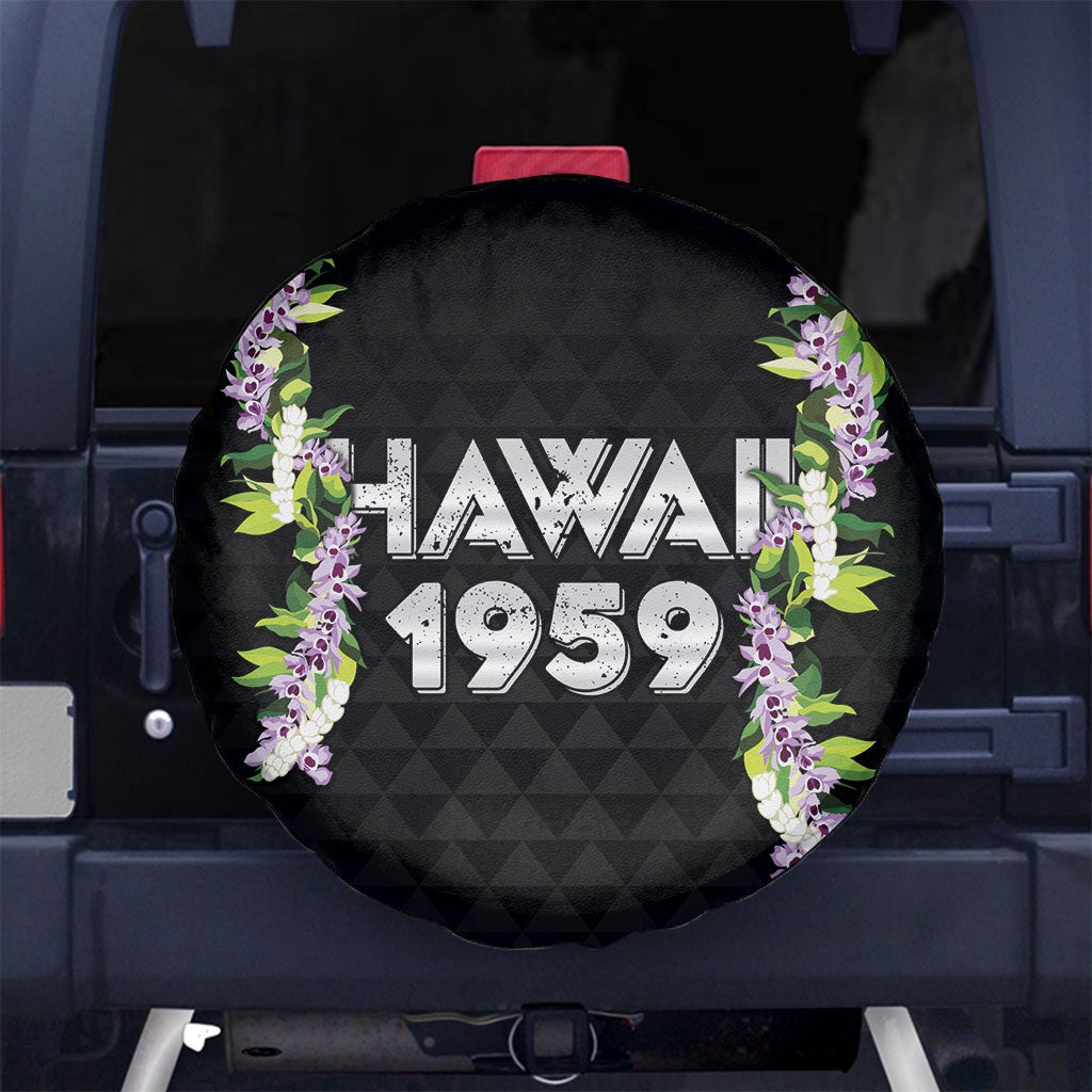 Hawaii Statehood Day Spare Tire Cover Kakau Pattern With Maile Pikake Honohono Lei LT05 No hole Black - Polynesian Pride