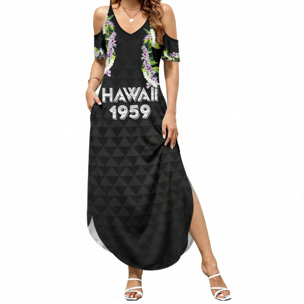 Hawaii Statehood Day Summer Maxi Dress Kakau Pattern With Maile Pikake Honohono Lei LT05 Women Black - Polynesian Pride