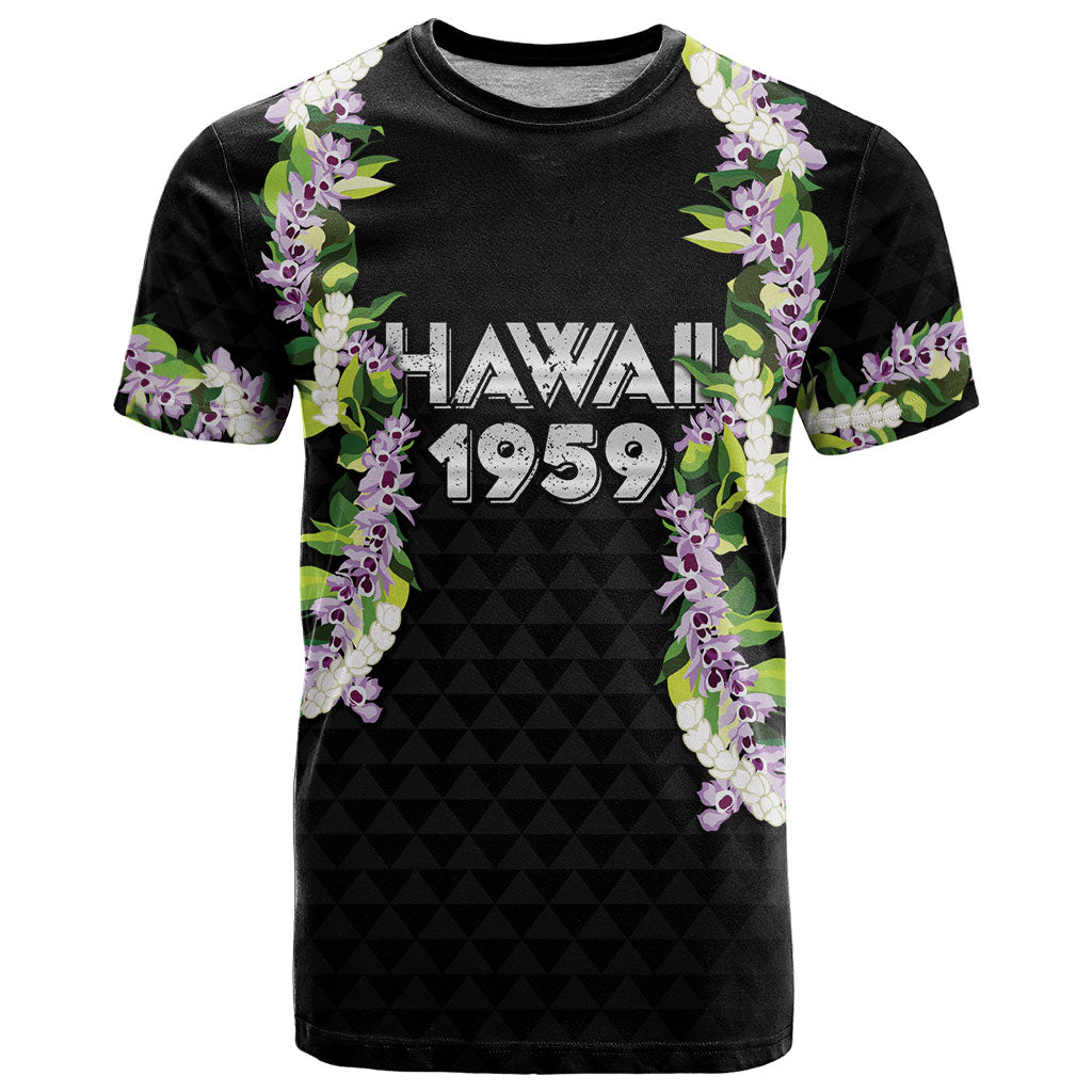 Hawaii Statehood Day T Shirt Kakau Pattern With Maile Pikake Honohono Lei LT05 Black - Polynesian Pride