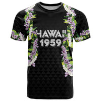 Hawaii Statehood Day T Shirt Kakau Pattern With Maile Pikake Honohono Lei LT05 Black - Polynesian Pride