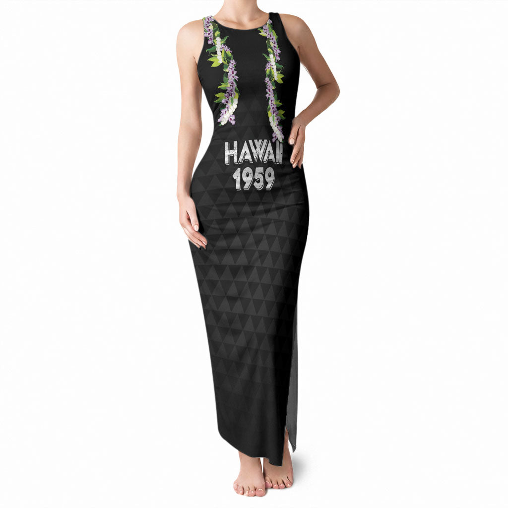 Hawaii Statehood Day Tank Maxi Dress Kakau Pattern With Maile Pikake Honohono Lei LT05 Women Black - Polynesian Pride