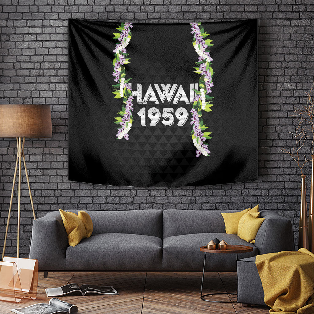 Hawaii Statehood Day Tapestry Kakau Pattern With Maile Pikake Honohono Lei LT05 Black - Polynesian Pride
