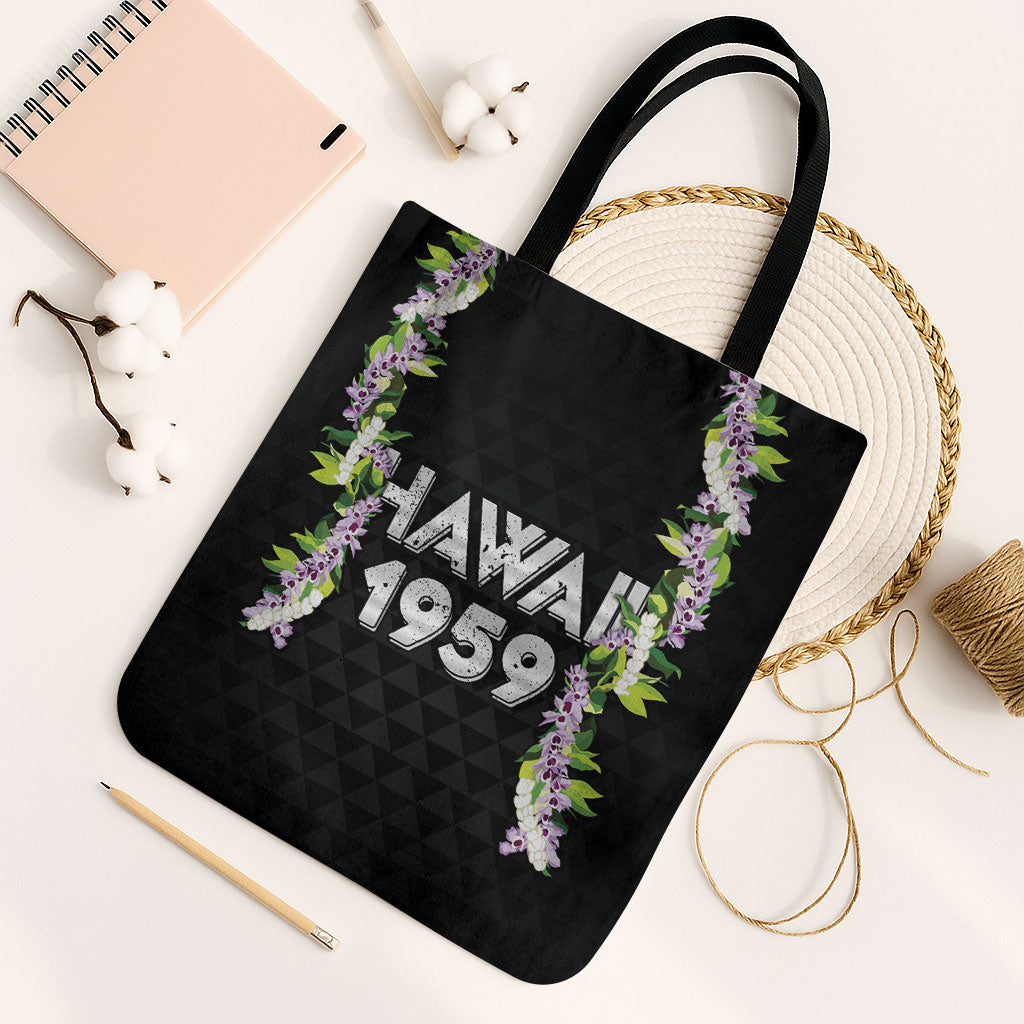 Hawaii Statehood Day Tote Bag Kakau Pattern With Maile Pikake Honohono Lei LT05 Black Strap One Size Black - Polynesian Pride
