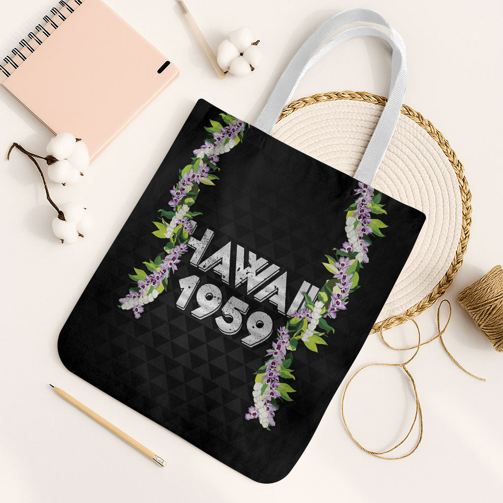 Hawaii Statehood Day Tote Bag Kakau Pattern With Maile Pikake Honohono Lei LT05 White Strap One Size Black - Polynesian Pride