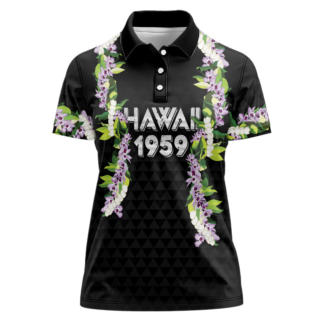 Hawaii Statehood Day Women Polo Shirt Kakau Pattern With Maile Pikake Honohono Lei LT05 Female Black - Polynesian Pride